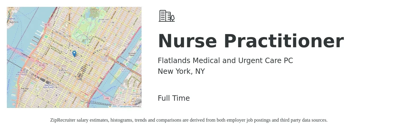Flatlands Medical and Urgent Care PC job posting for a Nurse Practitioner in New York, NY with a salary of $113,600 to $157,700 Yearly with a map of New York location.