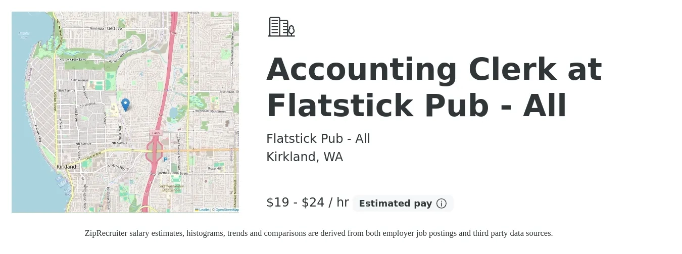 Flatstick Pub - All job posting for a Accounting Clerk at Flatstick Pub - All in Kirkland, WA with a salary of $20 to $25 Hourly with a map of Kirkland location.