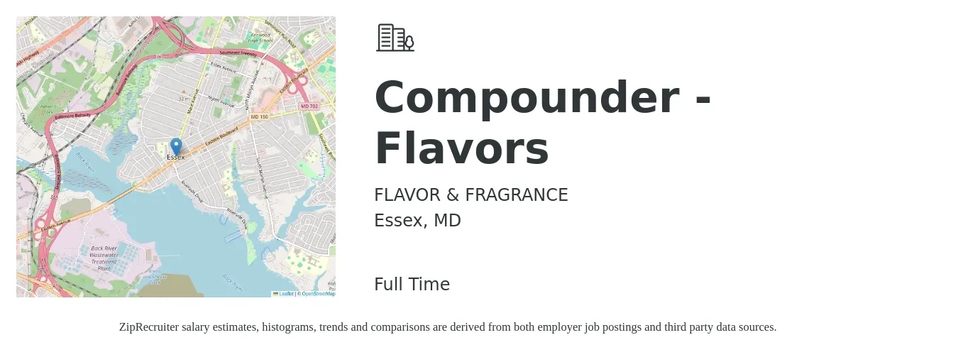 FLAVOR & FRAGRANCE job posting for a Compounder - Flavors in Essex, MD with a salary of $18 to $23 Hourly with a map of Essex location.