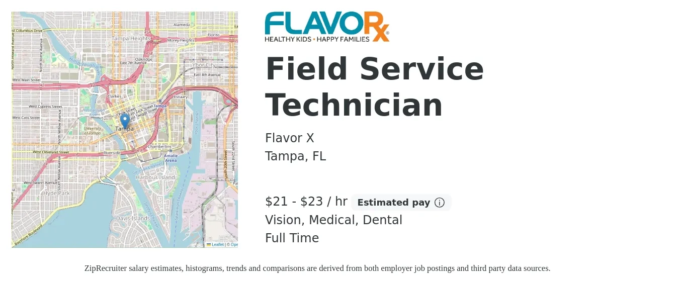 Flavor X job posting for a Field Service Technician in Tampa, FL with a salary of $22 to $24 Hourly and benefits including retirement, vision, dental, life_insurance, and medical with a map of Tampa location.