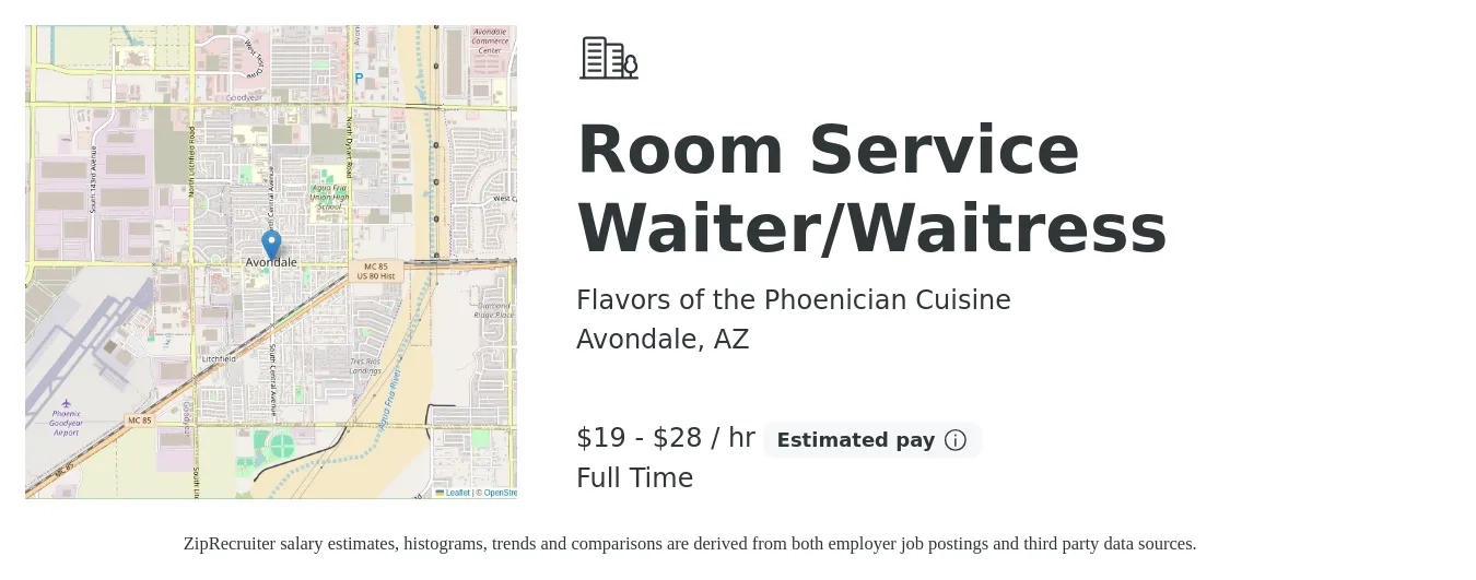 Flavors of the Phoenician Cuisine job posting for a Room Service Waiter/Waitress in Avondale, AZ with a salary of $20 to $30 Hourly with a map of Avondale location.