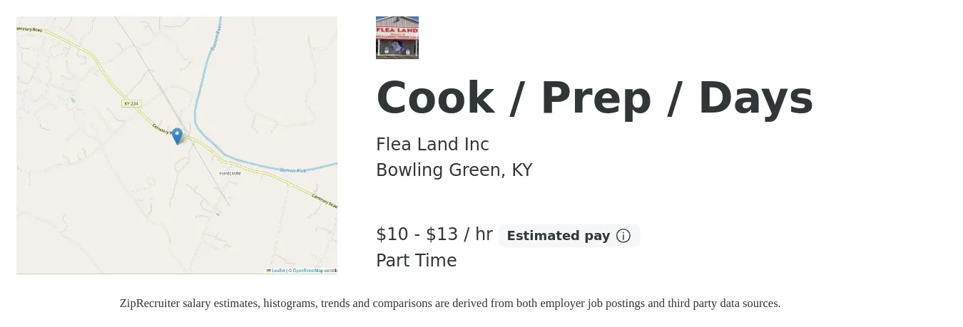 Flea Land Inc job posting for a Cook / Prep / Days in Bowling Green, KY with a salary of $11 to $14 Hourly with a map of Bowling Green location.