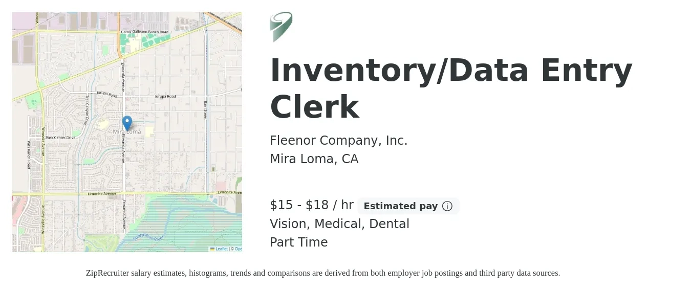 Fleenor Company, Inc. job posting for a Inventory/Data Entry Clerk in Mira Loma, CA with a salary of $16 to $19 Hourly and benefits including retirement, vision, dental, life_insurance, and medical with a map of Mira Loma location.