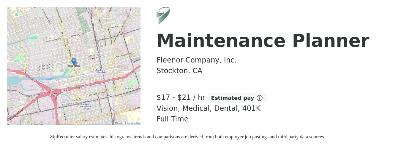 Fleenor Company, Inc. job posting for a Maintenance Planner in Stockton, CA with a salary of $18 to $22 Hourly and benefits including vision, 401k, dental, life_insurance, and medical with a map of Stockton location.
