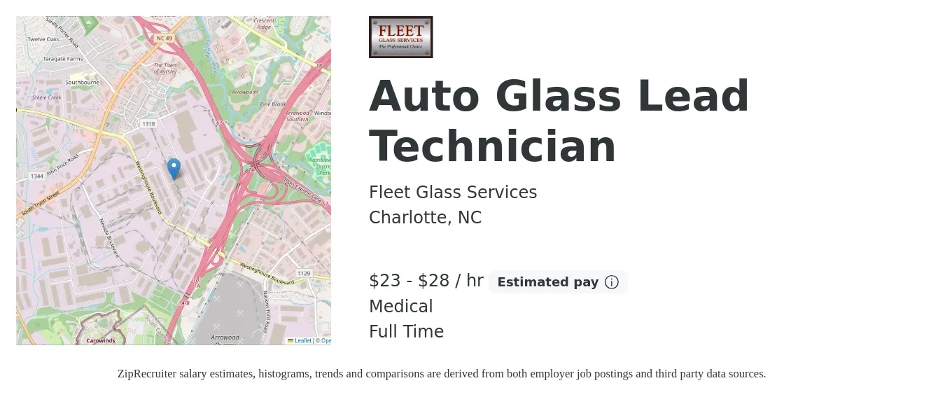 Fleet Glass Services job posting for a Auto Glass Lead Technician in Charlotte, NC with a salary of $24 to $30 Hourly and benefits including life_insurance, medical, pto, and retirement with a map of Charlotte location.