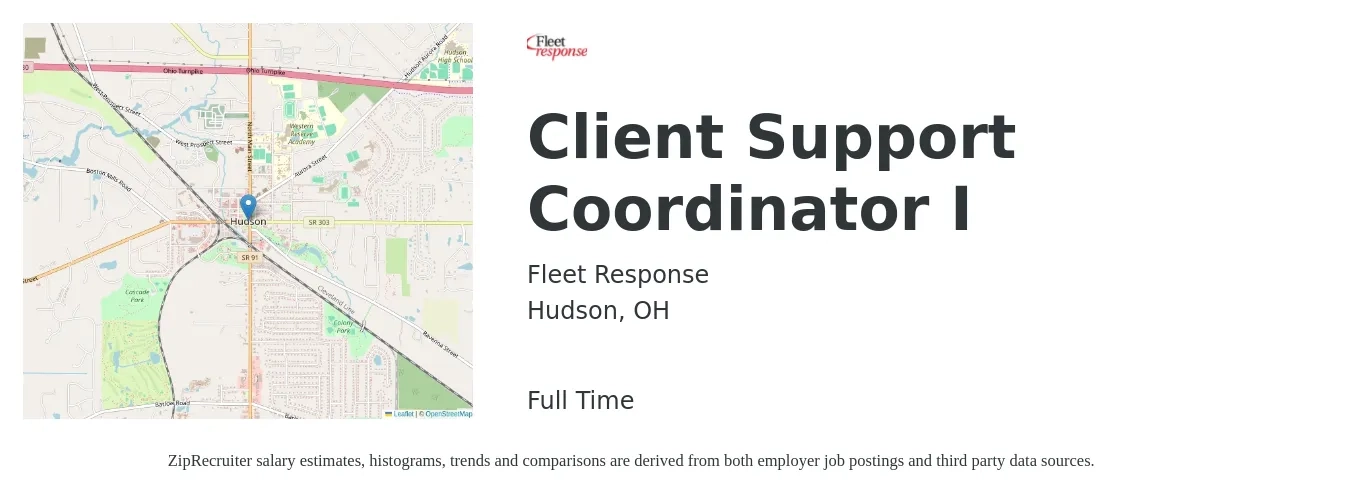 Fleet Response job posting for a Client Support Coordinator I in Hudson, OH with a salary of $17 to $22 Hourly with a map of Hudson location.