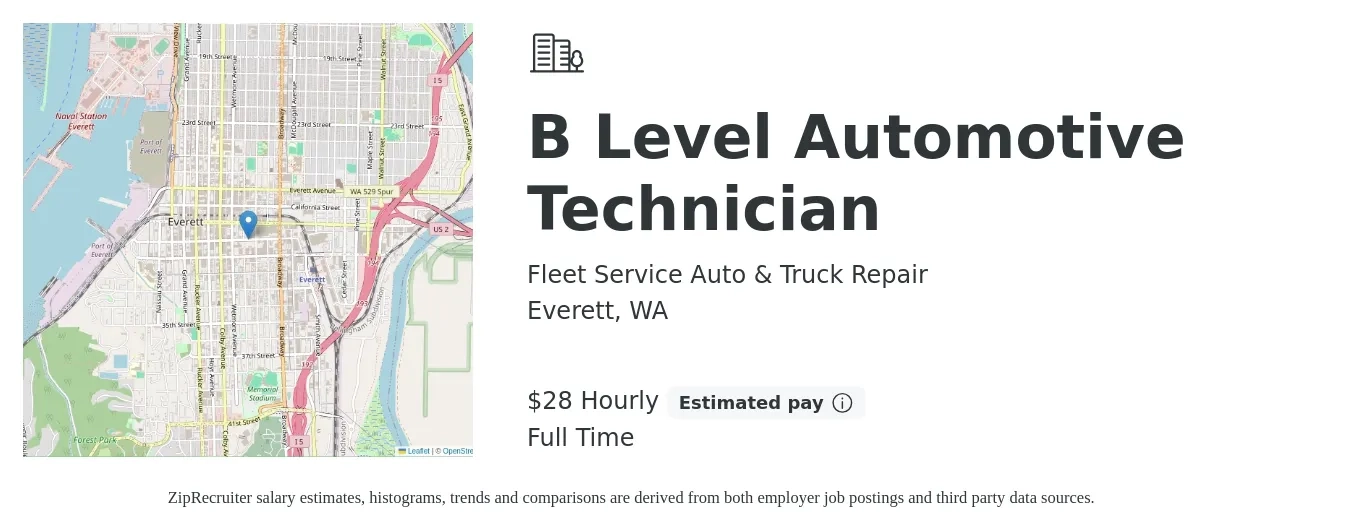 Fleet Service Auto & Truck Repair job posting for a B Level Automotive Technician in Everett, WA with a salary of $30 Hourly with a map of Everett location.