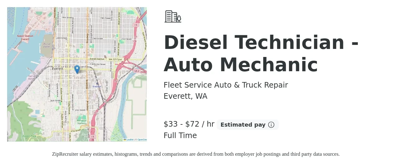 Fleet Service Auto & Truck Repair job posting for a Diesel Technician - Auto Mechanic in Everett, WA with a salary of $35 to $75 Hourly with a map of Everett location.