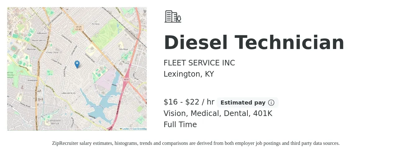 FLEET SERVICE INC job posting for a Diesel Technician in Lexington, KY with a salary of $17 to $23 Hourly and benefits including vision, 401k, dental, life_insurance, and medical with a map of Lexington location.