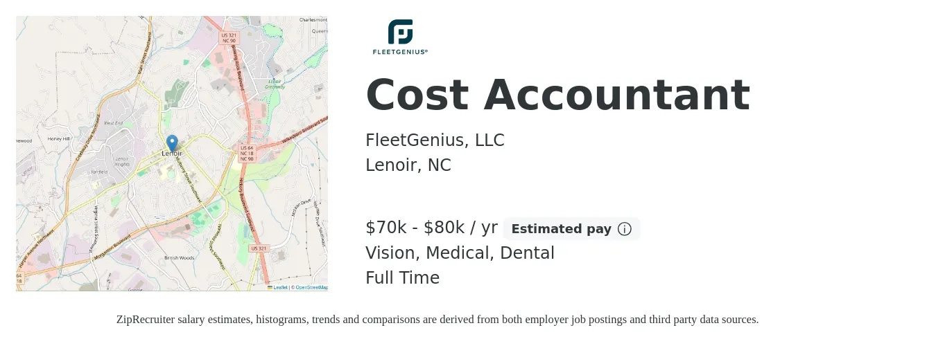 FleetGenius job posting for a Cost Accountant in Lenoir, NC with a salary of $70,000 to $80,000 Yearly and benefits including dental, life_insurance, medical, retirement, and vision with a map of Lenoir location.