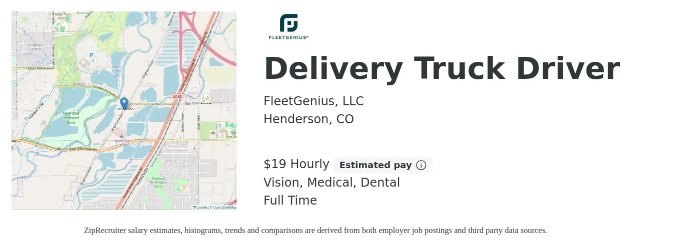 FleetGenius job posting for a Delivery Truck Driver in Henderson, CO with a salary of $20 Hourly and benefits including dental, life_insurance, medical, pto, retirement, and vision with a map of Henderson location.