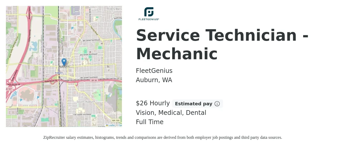 FleetGenius job posting for a Service Technician - Mechanic in Auburn, WA with a salary of $28 Hourly and benefits including retirement, vision, dental, life_insurance, and medical with a map of Auburn location.