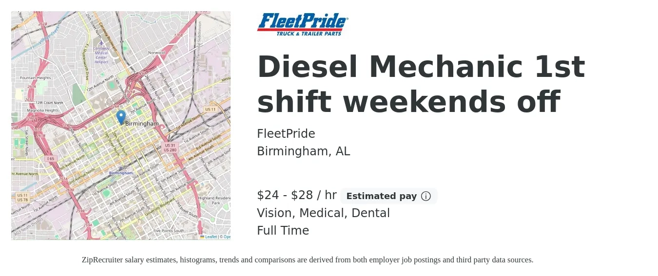FleetPride job posting for a Diesel Mechanic 1st shift weekends off in Birmingham, AL with a salary of $25 to $30 Hourly and benefits including dental, life_insurance, medical, pto, retirement, and vision with a map of Birmingham location.