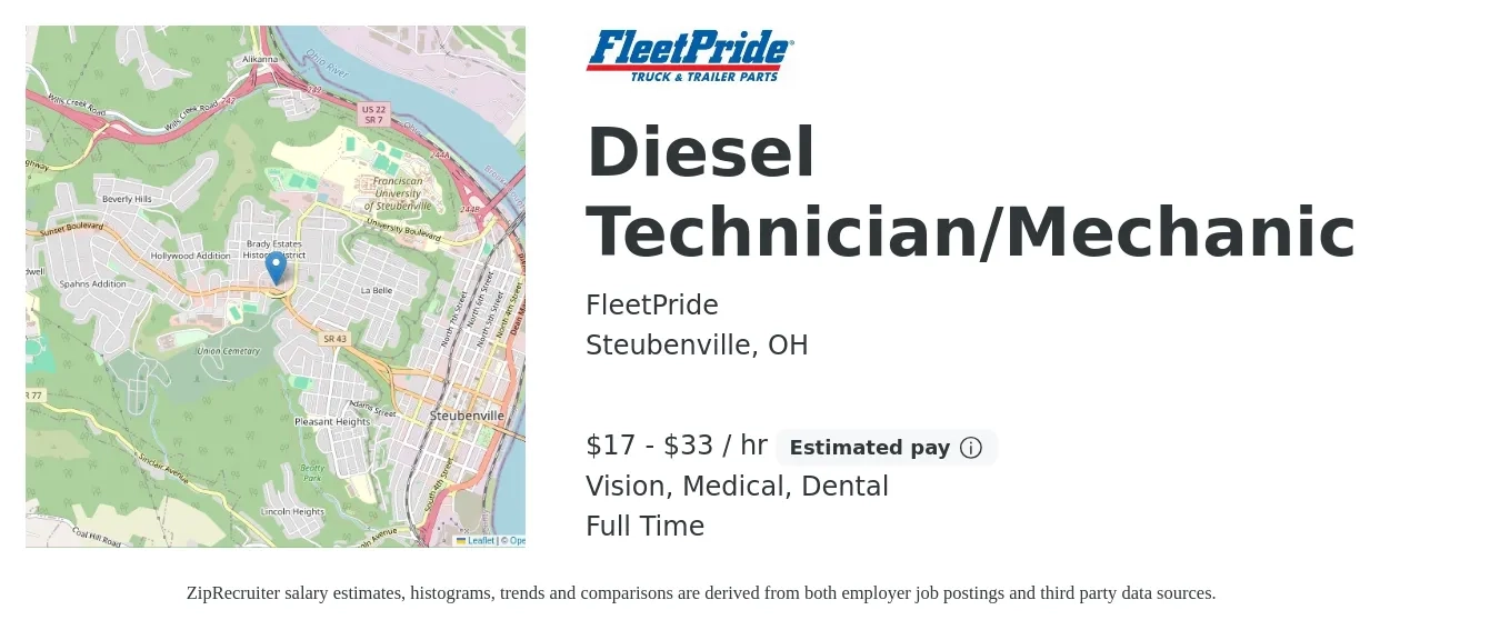 FleetPride job posting for a Diesel Technician/Mechanic in Steubenville, OH with a salary of $18 to $35 Hourly and benefits including dental, life_insurance, medical, pto, retirement, and vision with a map of Steubenville location.
