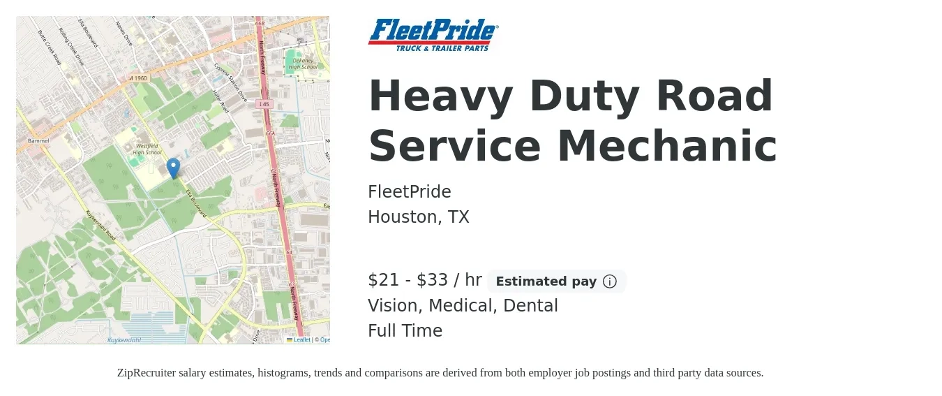 FleetPride job posting for a Heavy Duty Road Service Mechanic in Houston, TX with a salary of $22 to $35 Hourly and benefits including vision, dental, life_insurance, medical, pto, and retirement with a map of Houston location.