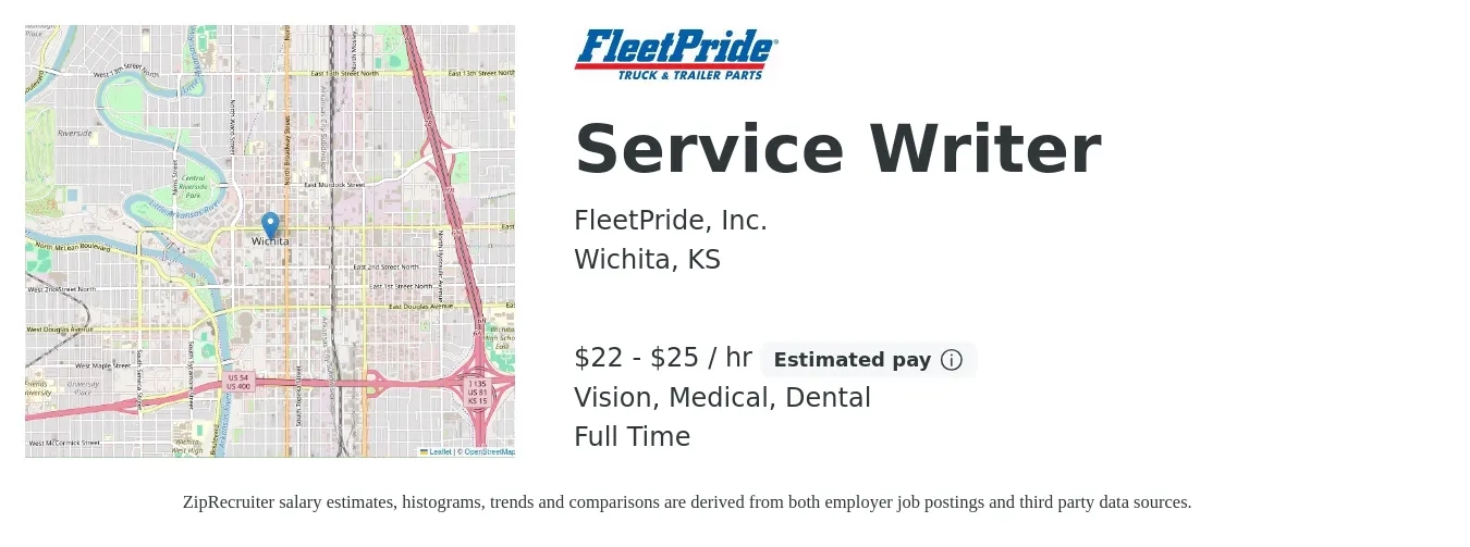 FleetPride job posting for a Service Writer in Wichita, KS with a salary of $23 to $27 Hourly and benefits including dental, life_insurance, medical, pto, retirement, and vision with a map of Wichita location.