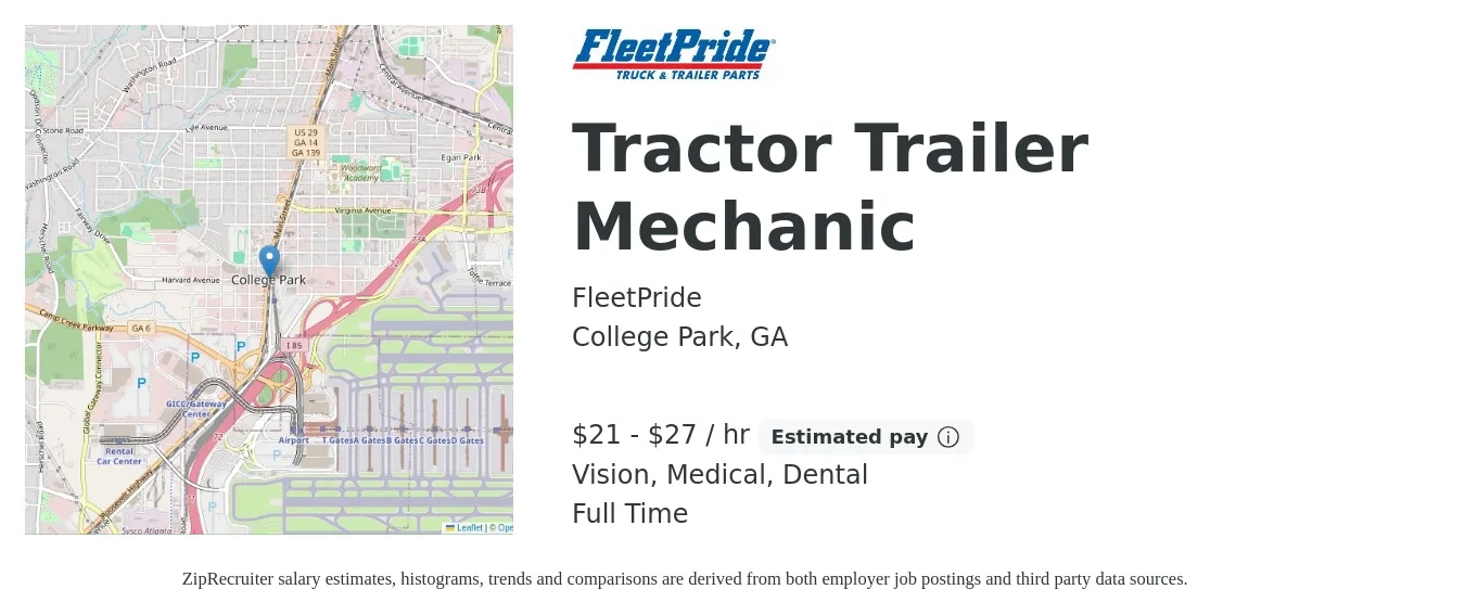 FleetPride job posting for a Tractor Trailer Mechanic in College Park, GA with a salary of $22 to $29 Hourly and benefits including retirement, vision, dental, life_insurance, medical, and pto with a map of College Park location.