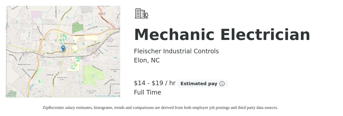 Fleischer Industrial Controls job posting for a Mechanic Electrician in Elon, NC with a salary of $15 to $20 Hourly with a map of Elon location.