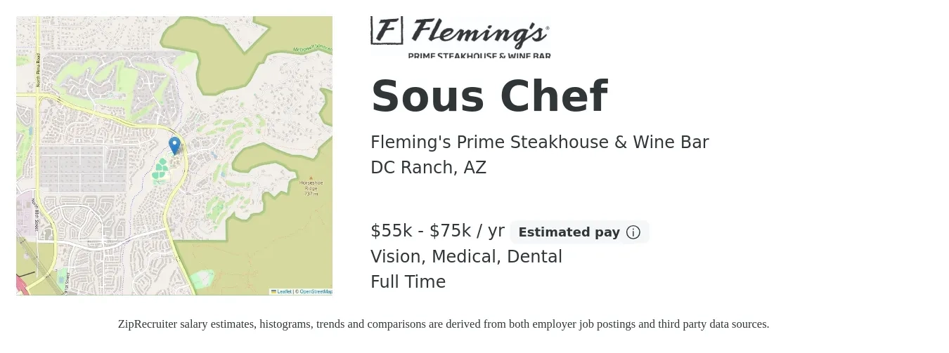 Fleming's Prime Steakhouse & Wine Bar job posting for a Sous Chef in DC Ranch, AZ with a salary of $55,000 to $75,000 Yearly and benefits including dental, life_insurance, medical, retirement, and vision with a map of DC Ranch location.