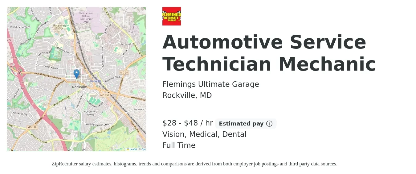 Flemings Ultimate Garage job posting for a Automotive Service Technician Mechanic in Rockville, MD with a salary of $30 to $50 Hourly and benefits including medical, pto, vision, and dental with a map of Rockville location.