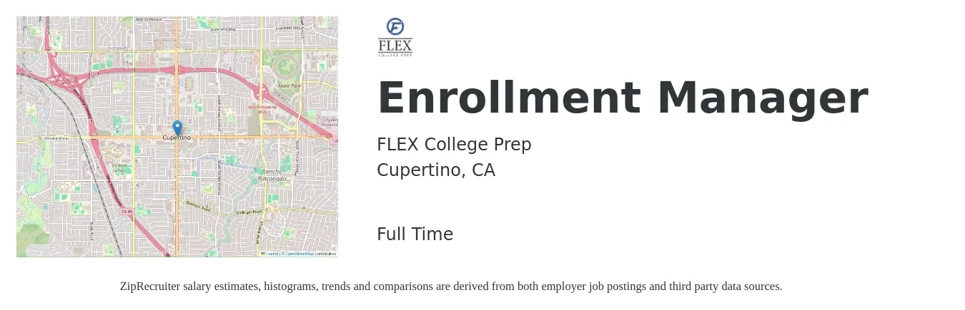 FLEX College Prep job posting for a Enrollment Manager in Cupertino, CA with a salary of $74,000 to $143,700 Yearly with a map of Cupertino location.