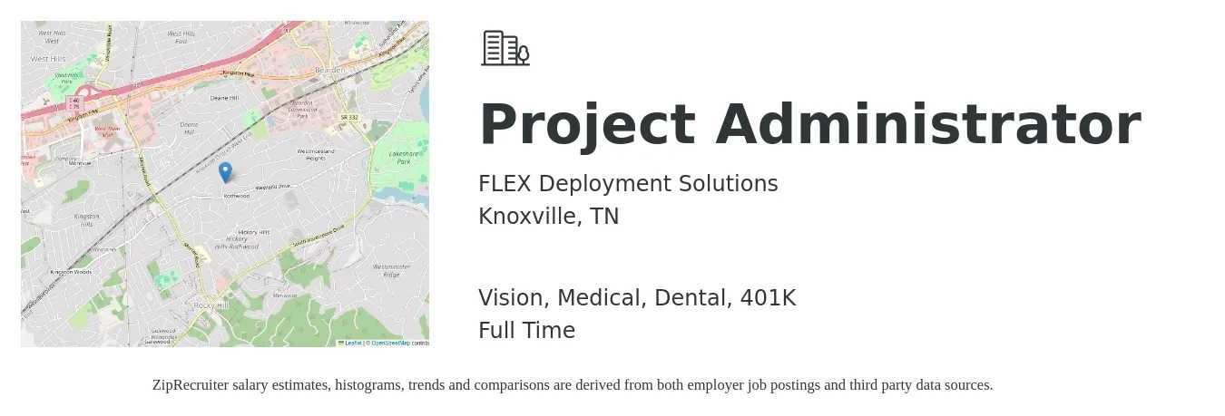 FLEX Deployment Solutions job posting for a Project Administrator in Knoxville, TN with a salary of $22 to $33 Hourly and benefits including vision, 401k, dental, and medical with a map of Knoxville location.