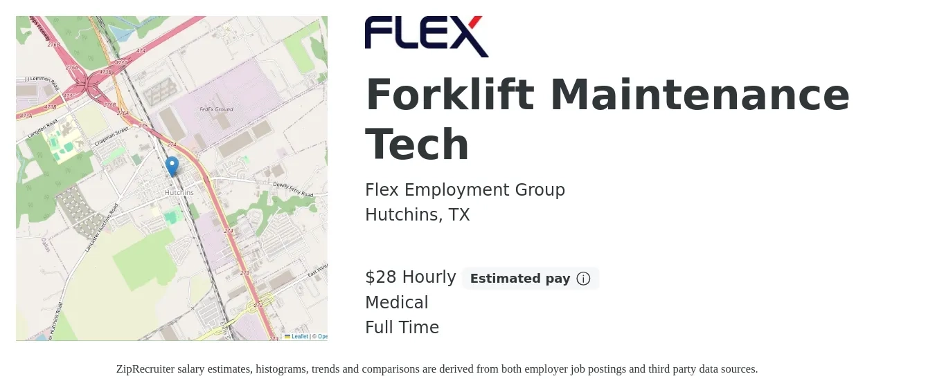 Flex Employment Group job posting for a Forklift Maintenance Tech in Hutchins, TX with a salary of $30 Hourly and benefits including medical, and pto with a map of Hutchins location.