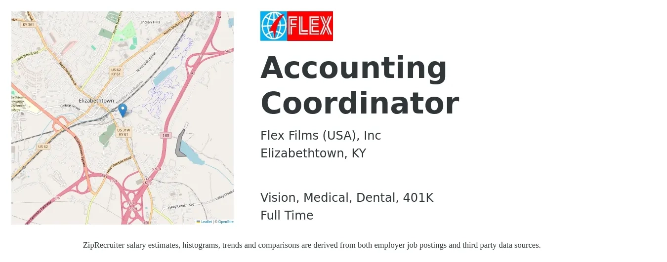 Flex Films (USA), Inc job posting for a Accounting Coordinator in Elizabethtown, KY with a salary of $20 to $26 Hourly and benefits including 401k, dental, life_insurance, medical, and vision with a map of Elizabethtown location.