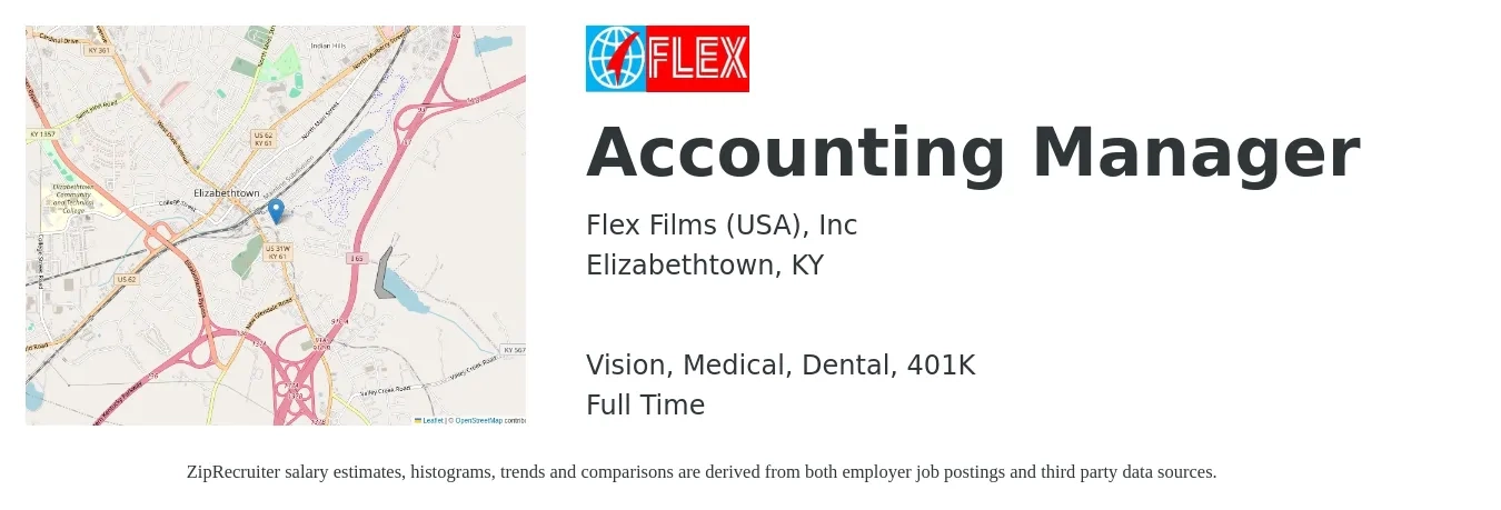 Flex Films (USA), Inc job posting for a Accounting Manager in Elizabethtown, KY with a salary of $71,600 to $102,800 Yearly and benefits including vision, 401k, dental, life_insurance, and medical with a map of Elizabethtown location.