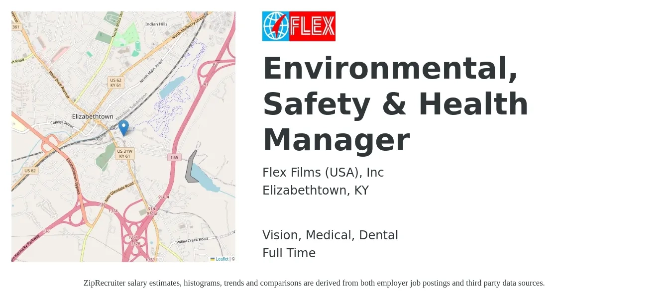 Flex Films (USA), Inc job posting for a Environmental, Safety & Health Manager in Elizabethtown, KY with a salary of $76,200 to $103,300 Yearly and benefits including pto, retirement, vision, dental, life_insurance, and medical with a map of Elizabethtown location.