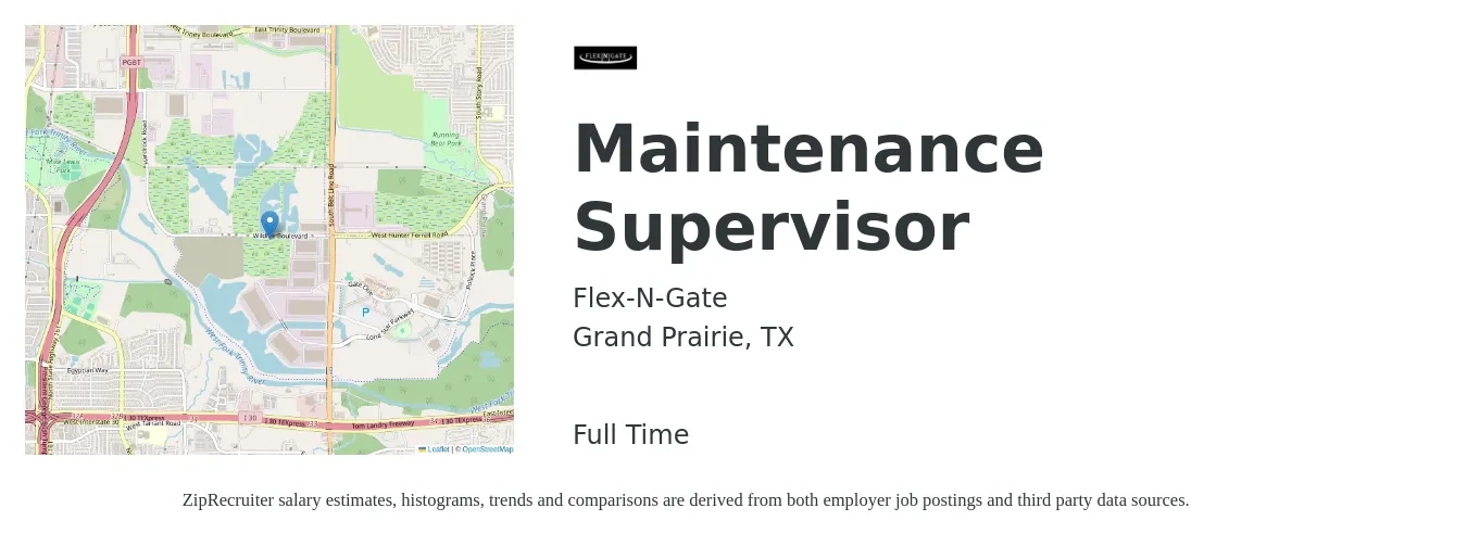 Flex-N-Gate job posting for a Maintenance Supervisor in Grand Prairie, TX with a salary of $21 to $35 Hourly with a map of Grand Prairie location.