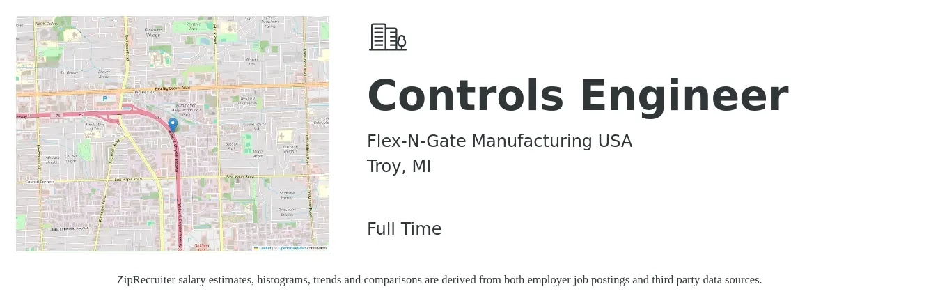 Flex-N-Gate Manufacturing USA job posting for a Controls Engineer in Troy, MI with a salary of $79,100 to $102,400 Yearly with a map of Troy location.