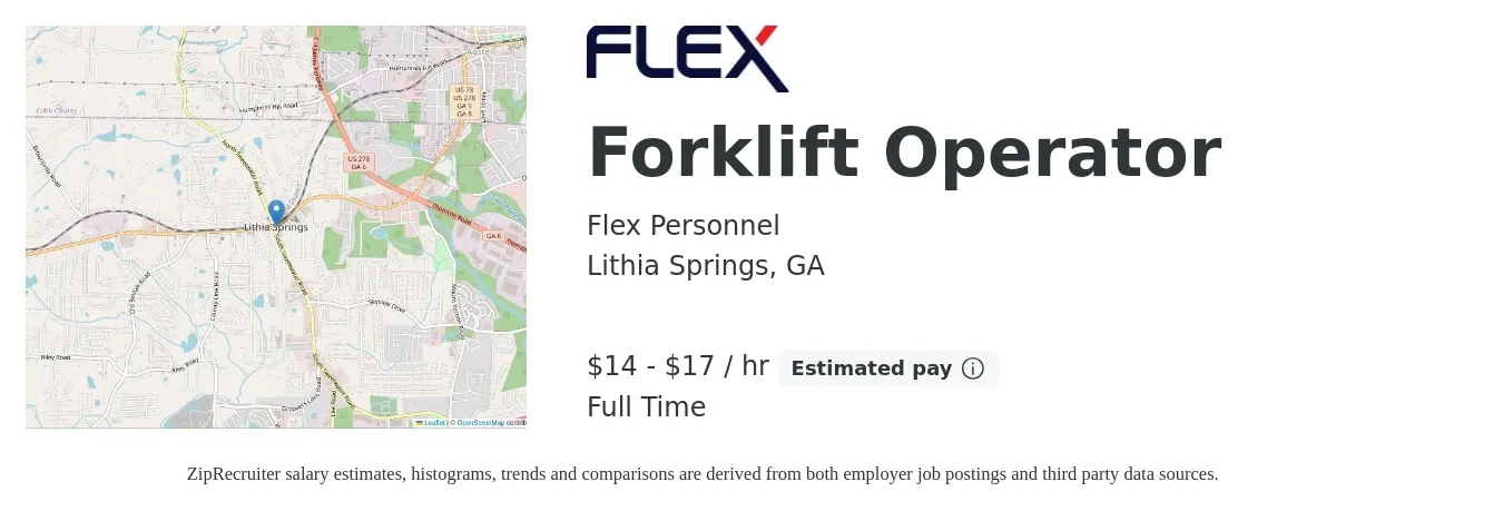 Flex Personnel job posting for a Forklift Operator in Lithia Springs, GA with a salary of $15 to $18 Hourly with a map of Lithia Springs location.