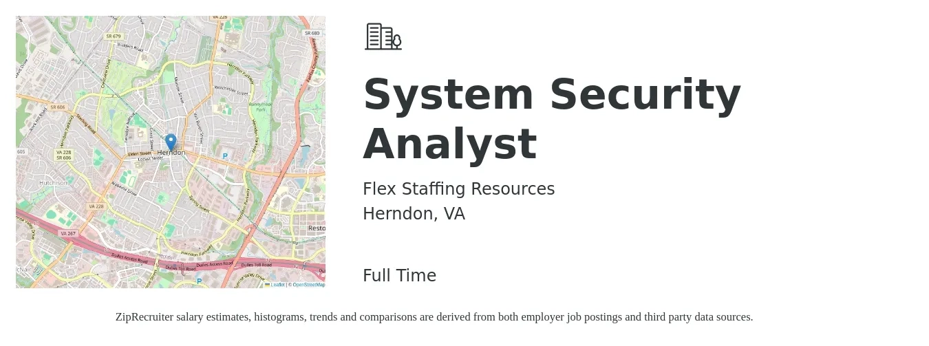 Flex Staffing Resources job posting for a System Security Analyst in Herndon, VA with a salary of $37 to $51 Hourly with a map of Herndon location.
