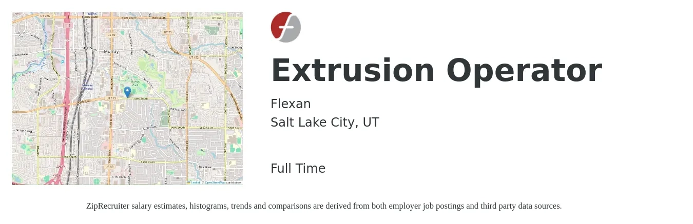 Flexan job posting for a Extrusion Operator in Salt Lake City, UT with a salary of $17 to $22 Hourly with a map of Salt Lake City location.