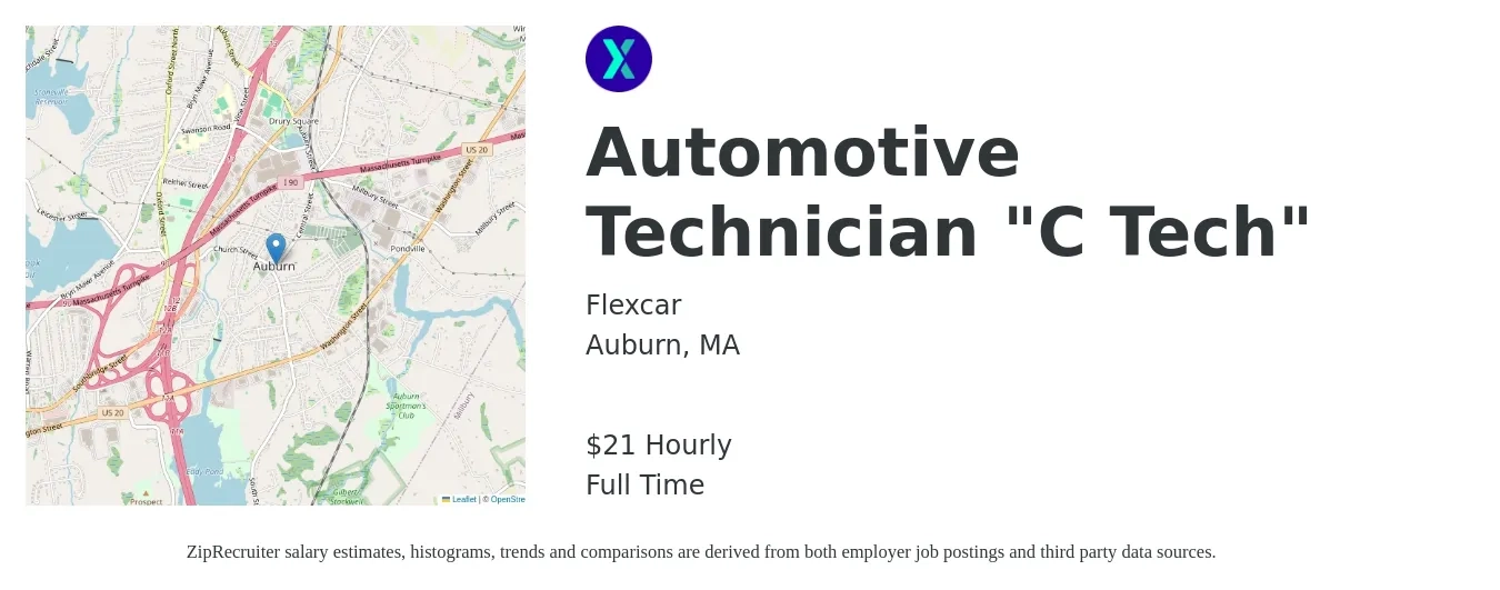 Flexcar job posting for a Automotive Technician "C Tech" in Auburn, MA with a salary of $22 to $26 Hourly with a map of Auburn location.