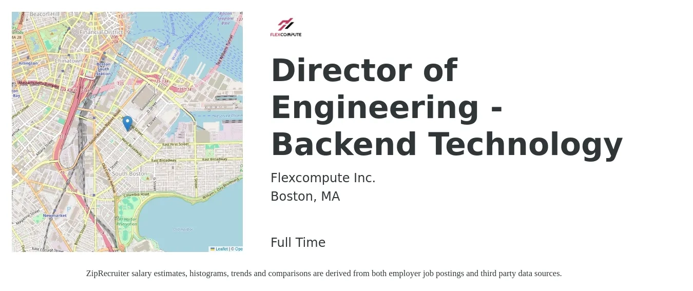 Flexcompute Inc. job posting for a Director of Engineering - Backend Technology in Boston, MA with a salary of $134,700 to $186,900 Yearly with a map of Boston location.