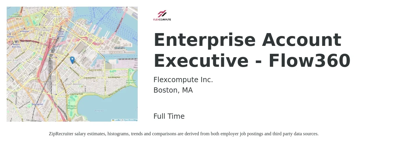 Flexcompute Inc. job posting for a Enterprise Account Executive - Flow360 in Boston, MA with a salary of $86,900 to $146,700 Yearly with a map of Boston location.