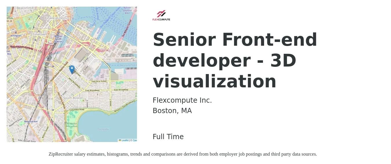 Flexcompute Inc. job posting for a Senior Front-end developer - 3D visualization in Boston, MA with a salary of $124,900 to $164,000 Yearly with a map of Boston location.