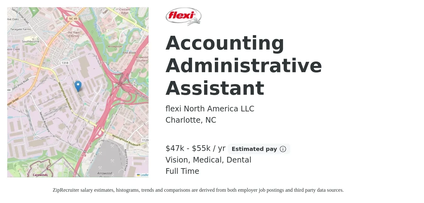 flexi North America LLC job posting for a Accounting Administrative Assistant in Charlotte, NC with a salary of $47,500 to $55,000 Yearly and benefits including retirement, vision, dental, life_insurance, medical, and pto with a map of Charlotte location.