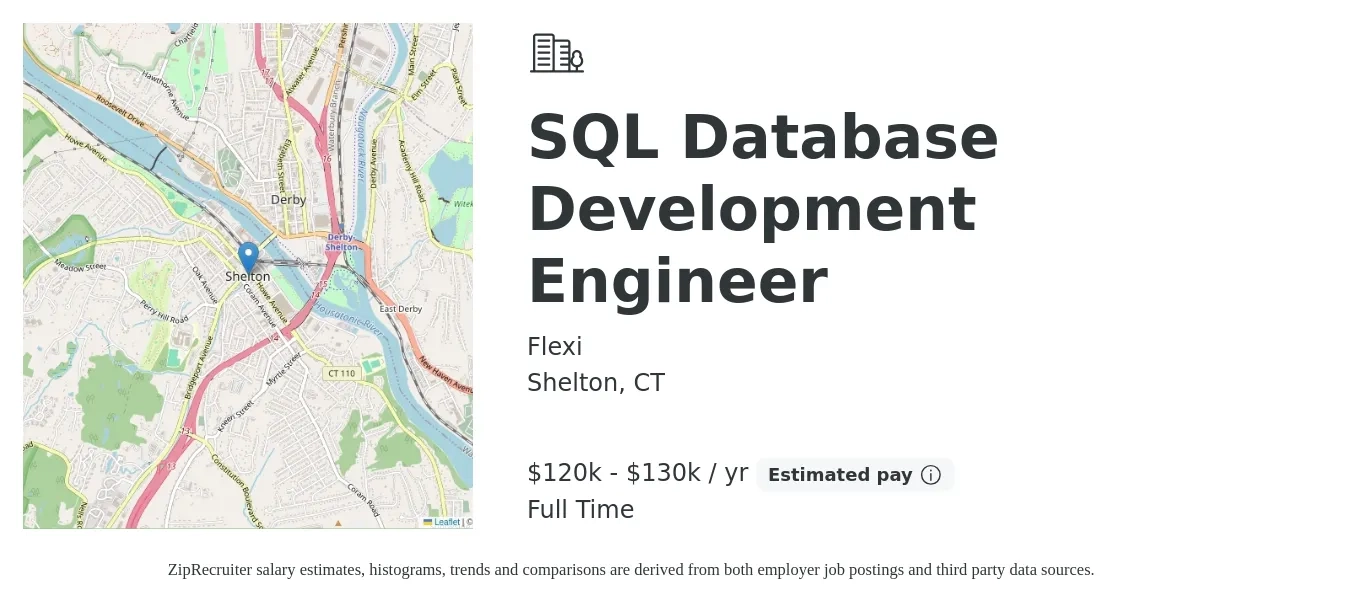 Flexi job posting for a SQL Database Development Engineer in Shelton, CT with a salary of $120,000 to $130,000 Yearly with a map of Shelton location.