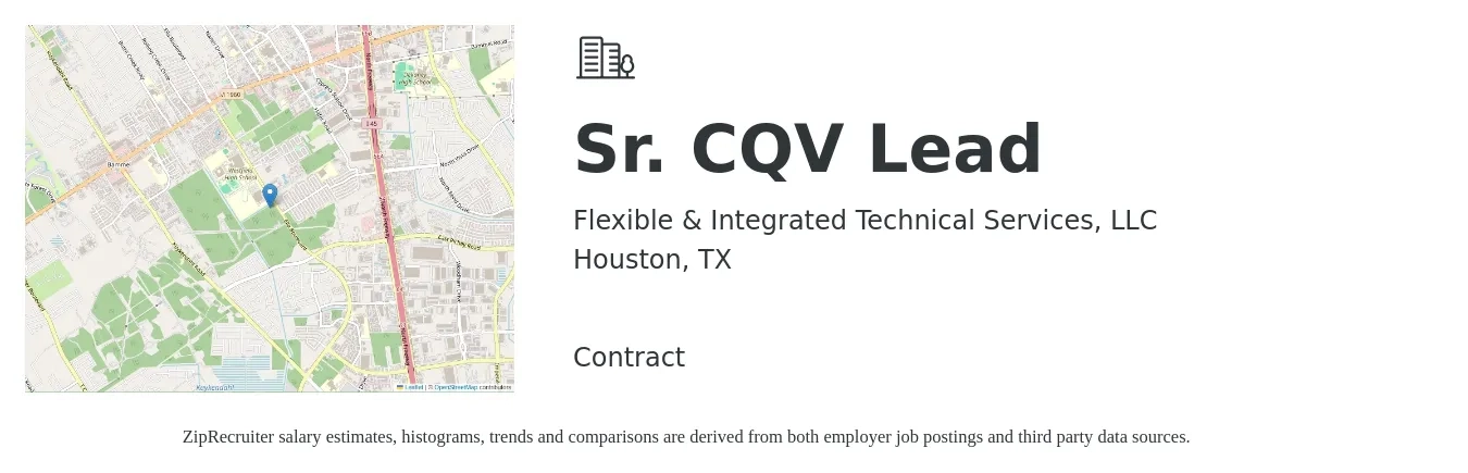 Flexible & Integrated Technical Services, LLC job posting for a Sr. CQV Lead in Houston, TX with a salary of $18 to $34 Hourly with a map of Houston location.
