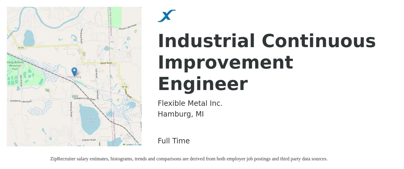 Flexible Metal Inc. job posting for a Industrial Continuous Improvement Engineer in Hamburg, MI with a salary of $73,300 to $97,900 Yearly with a map of Hamburg location.