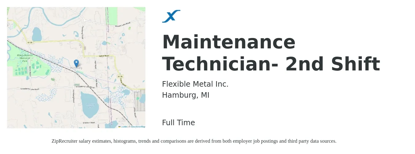 Flexible Metal Inc. job posting for a Maintenance Technician- 2nd Shift in Hamburg, MI with a salary of $20 Hourly with a map of Hamburg location.