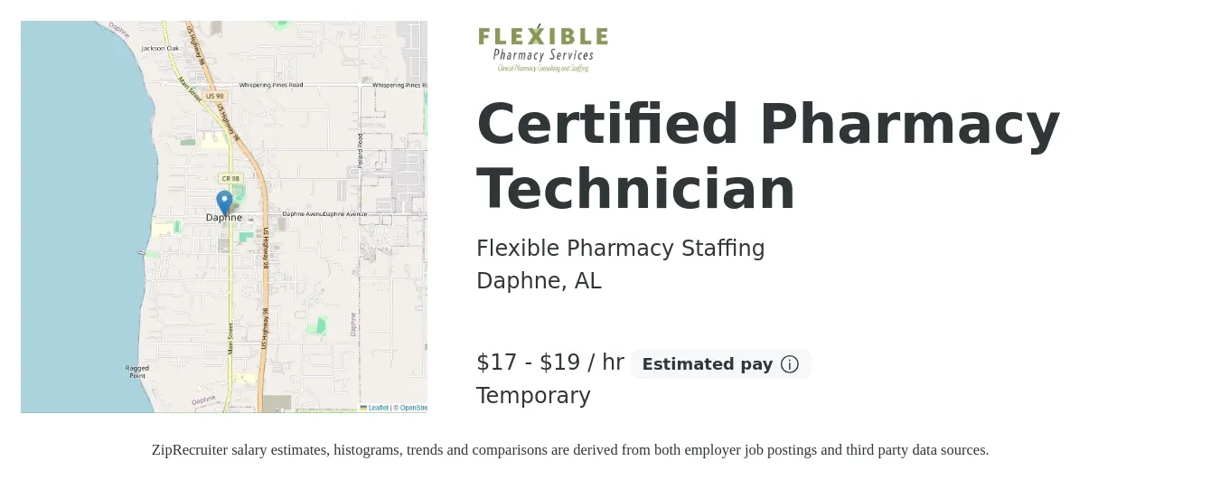 Flexible Pharmacy Staffing job posting for a Certified Pharmacy Technician in Daphne, AL with a salary of $18 to $20 Hourly with a map of Daphne location.