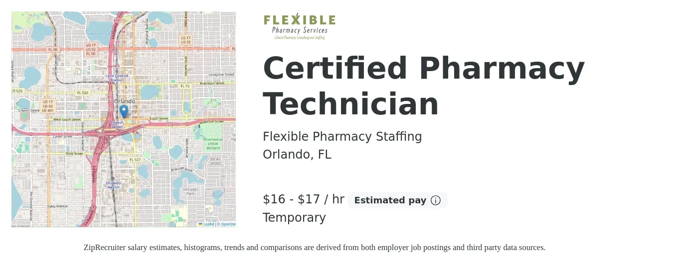 Flexible Pharmacy Staffing job posting for a Certified Pharmacy Technician in Orlando, FL with a salary of $18 to $18 Hourly with a map of Orlando location.