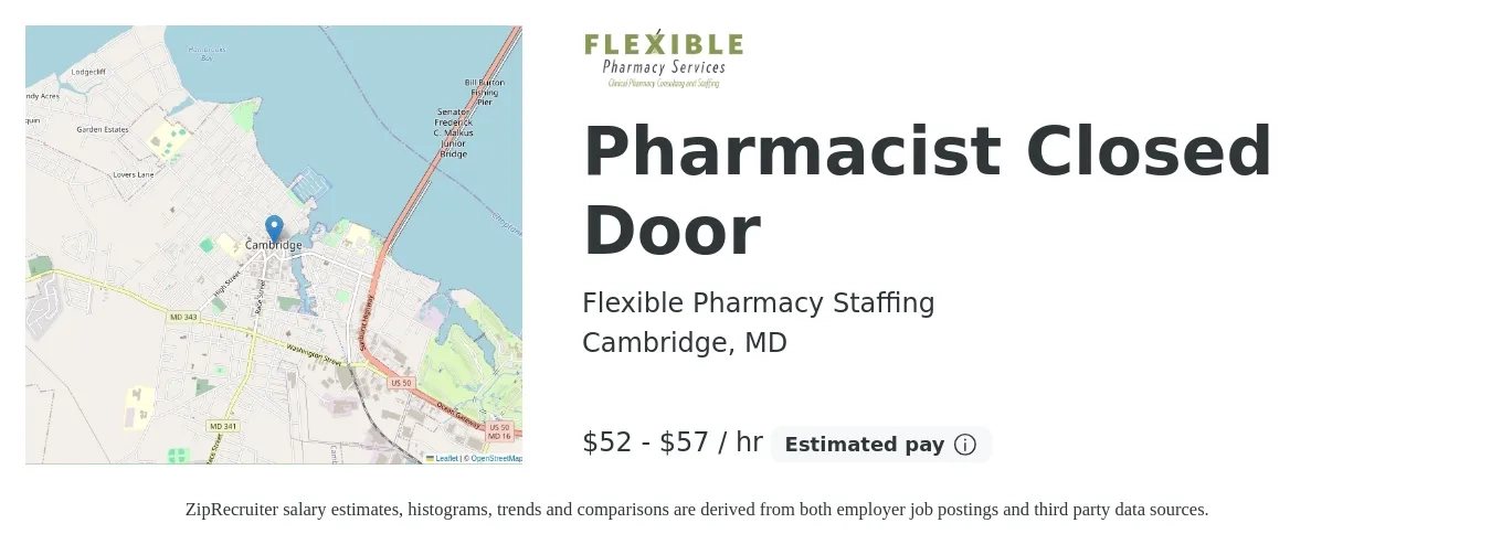 Flexible Pharmacy Staffing job posting for a Pharmacist Closed Door in Cambridge, MD with a salary of $55 to $60 Hourly with a map of Cambridge location.
