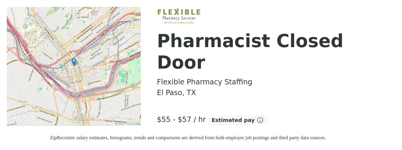 Flexible Pharmacy Staffing job posting for a Pharmacist Closed Door in El Paso, TX with a salary of $58 to $60 Hourly with a map of El Paso location.