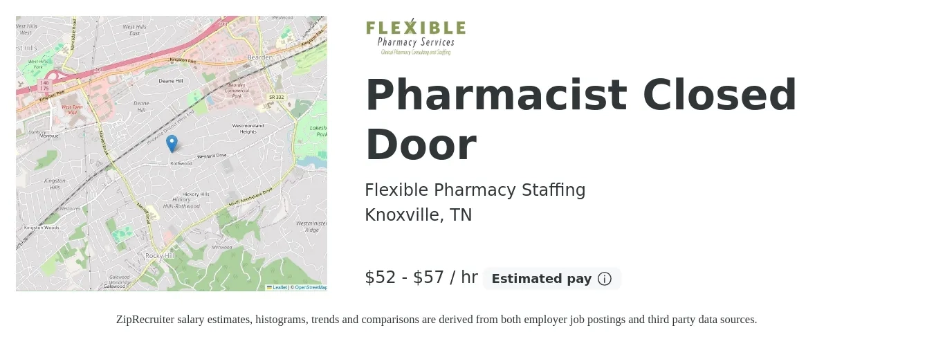 Flexible Pharmacy Staffing job posting for a Pharmacist Closed Door in Knoxville, TN with a salary of $55 to $60 Hourly with a map of Knoxville location.