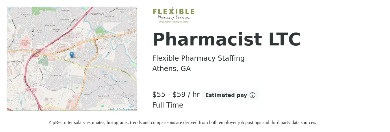 Flexible Pharmacy Staffing job posting for a Pharmacist LTC in Athens, GA with a salary of $58 to $62 Hourly with a map of Athens location.
